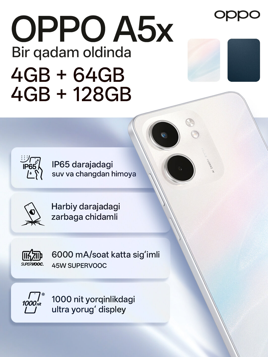 Смартфон OPPO A5x 4/128GB, Lazer White | "Белый", IP65 защита, 1 год гарантии