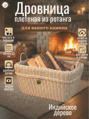 Изображение товара Корзина для дров, для камина и бани "Плетеный мир", плетеная из полиротанга, 60х40х30см, переносная, Индийское дерево