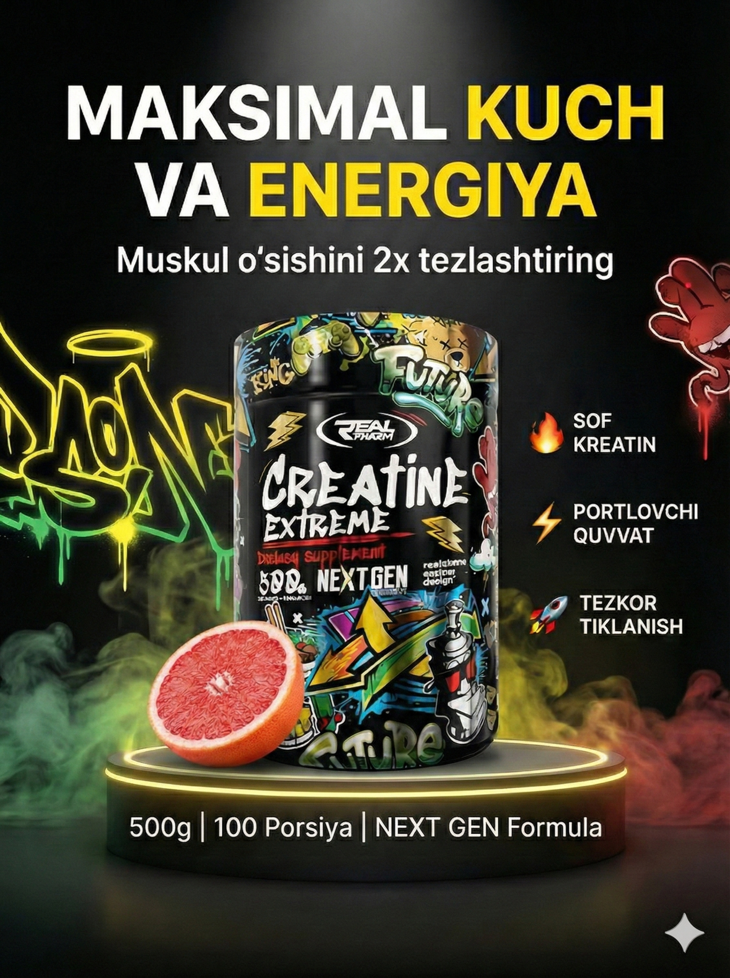 REAL PHARM Creatine Extreme 500 г Грейпфрут — порошковая добавка для увеличения мышечной массы и силы