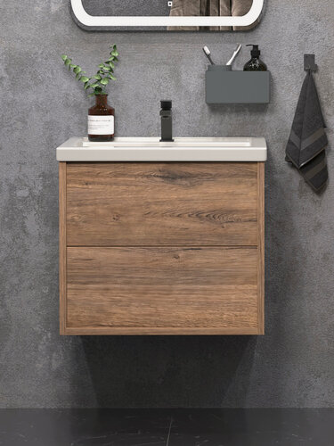 Изображение товара Тумба подвесная SanStar Siva 60 с раковиной Фостер 60 (комплект) для ванной комнаты, Дуб веллингтон табак