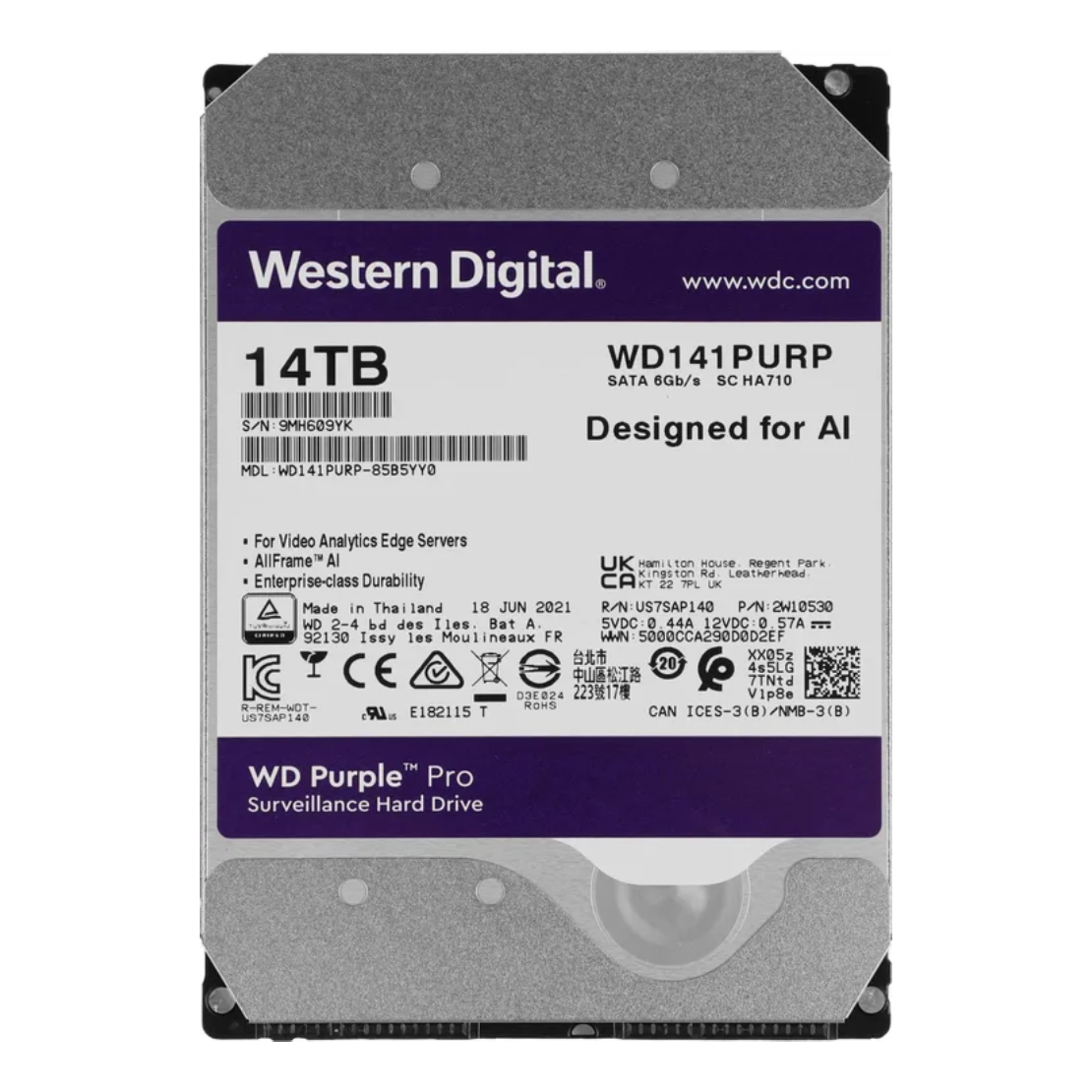Жесткий диск WD Original 14Tb WD141PURP, 3.5", SATA III (6 Гбит/с), 7200 об/мин, буфер 512 МБ, серебристый