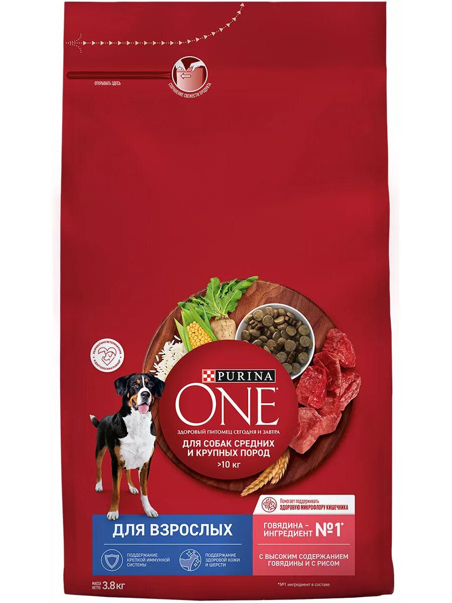 Корм сухой Purina One для взрослых собак средних и крупных пород, говядина и рис, 3,8 кг 4 шт