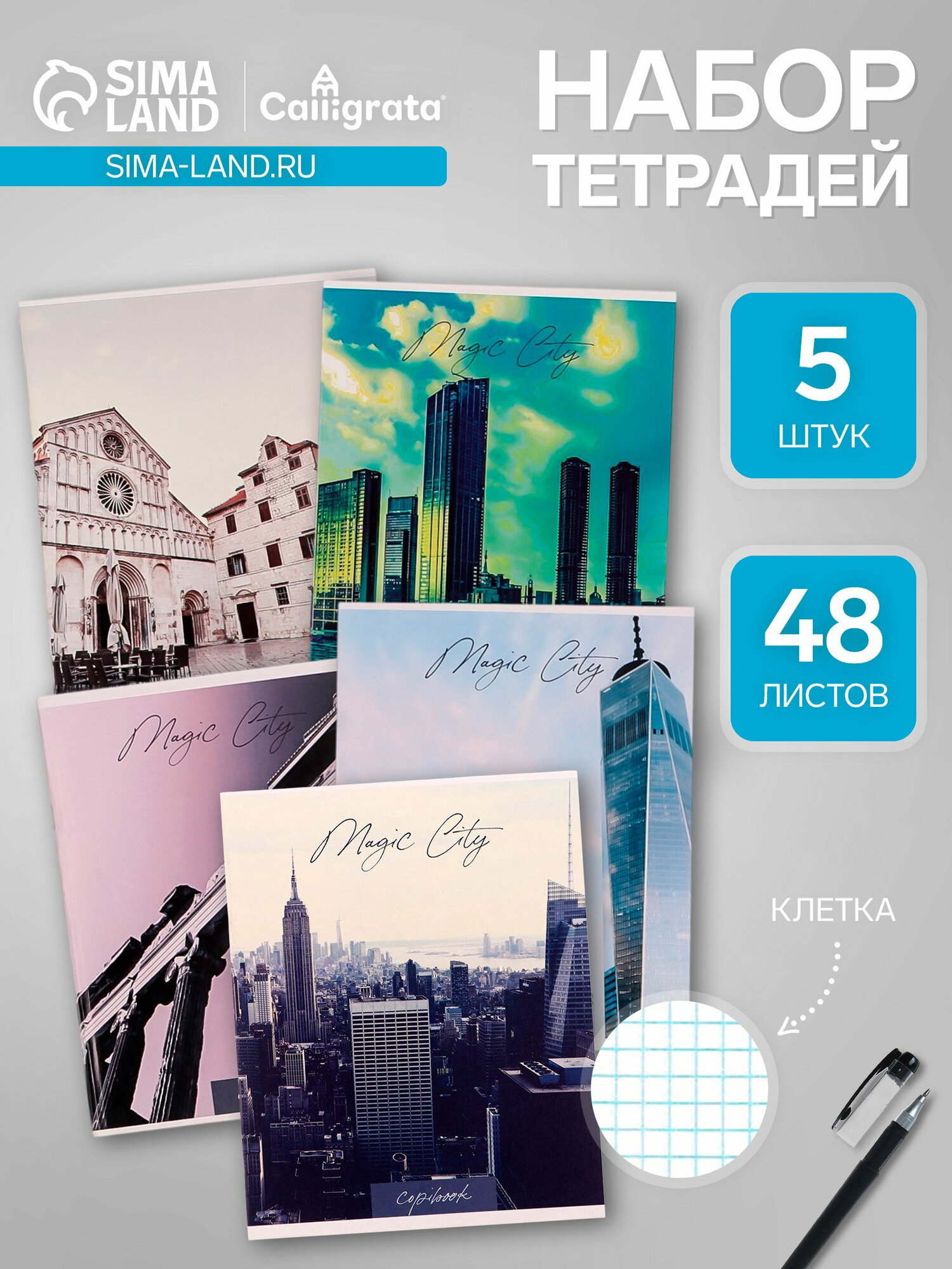 Набор тетрадей, 48 листов в клетку "Города", серые листы, 5 штук