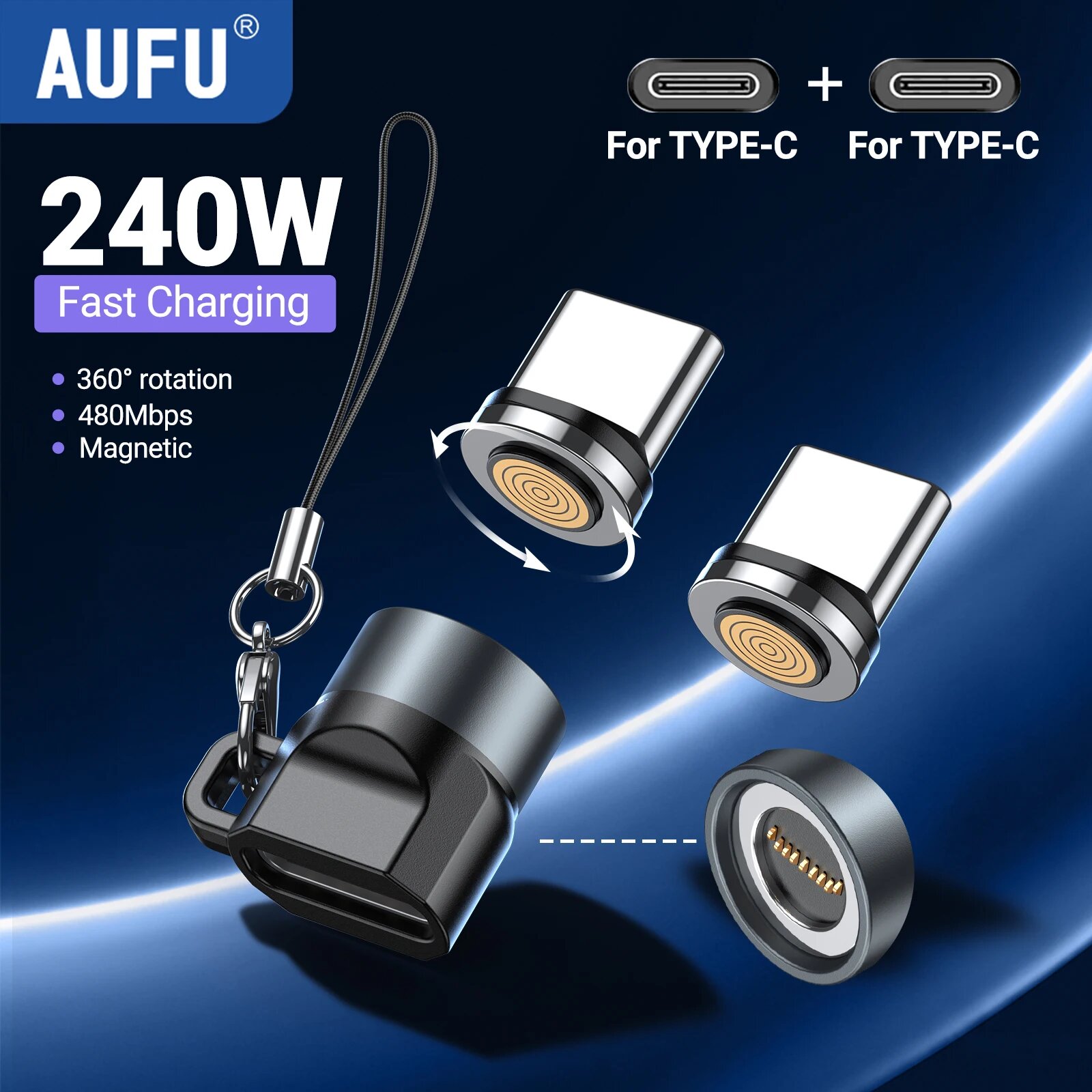 AUFU 240W магнитный адаптер Type-C, 9pin, 360°