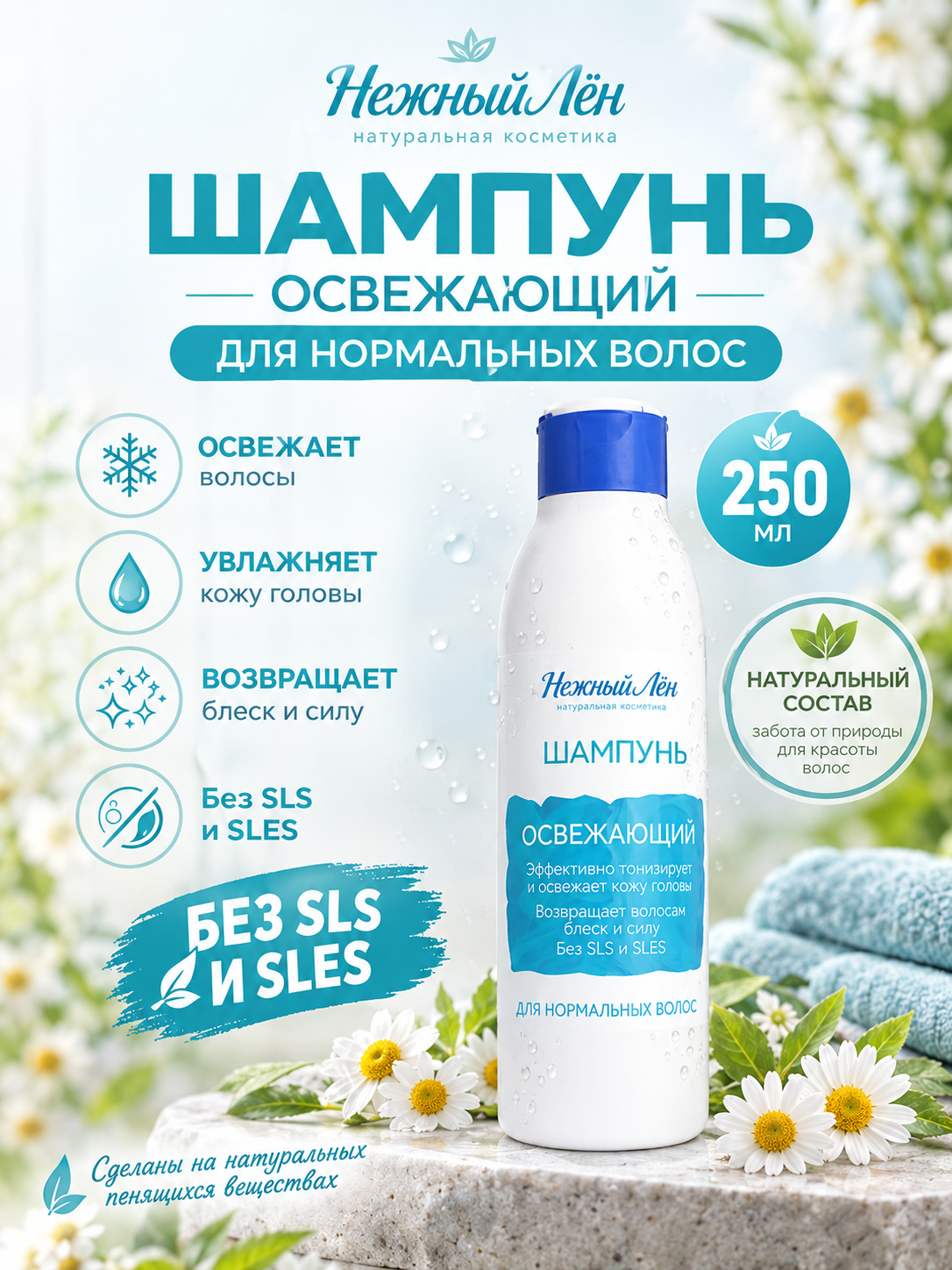 Нежный лен Шампунь "Освежающий" для нормальных волос , 250 мл