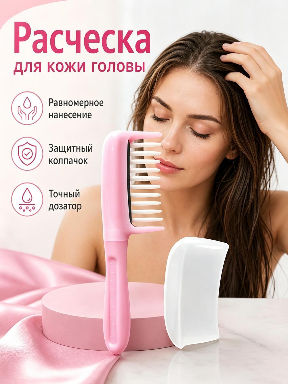 Расческа для нанесения масла на кожу головы, розовая, 18 см, с мерной шкалой