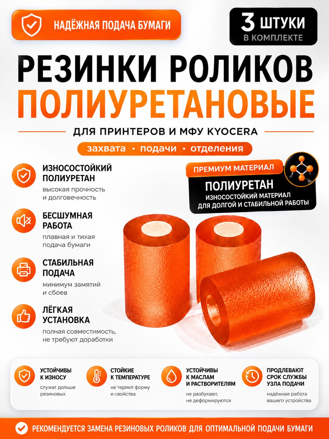 Комплект полиуретановых резинок роликов захвата, подачи и отделения бумаги для принтеров Kyocera M2540dn M2135dn M3145dn M2235dn M3040dn 302F909171 302F906230 2F906230 302HN06080 2F909171 2HN06080