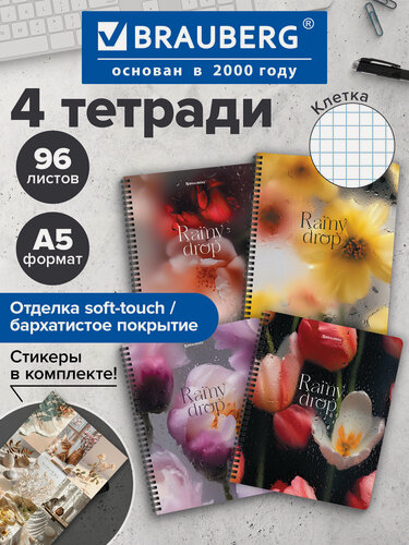 Изображение товара Тетрадь в клетку 96 листов А5 общая для записей на пружине в школу и офис, набор 4 штуки, Brauberg, 405583