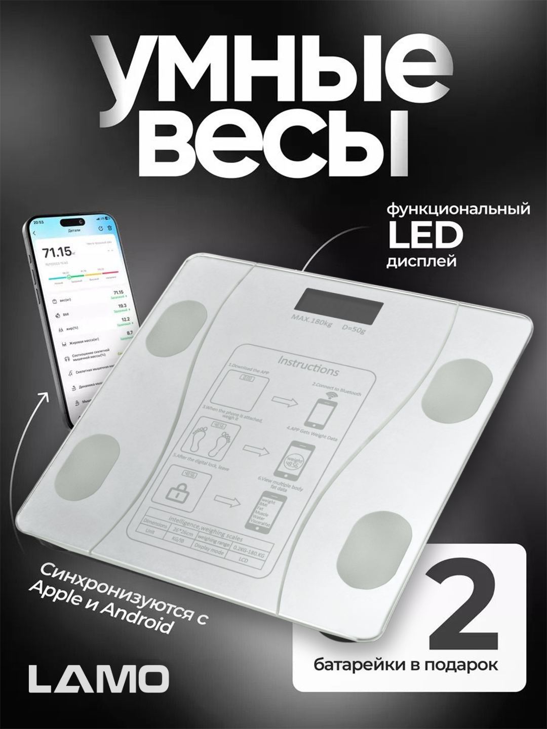 Электронные весы LAMO, до 180кг, для фитнеса, домашнего использования