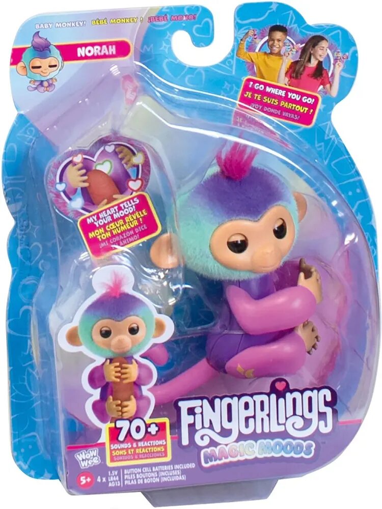 Wow Wee Fingerlings Magic Moods Norah / Детская электронная интерактивная игрушка обезьянка с более чем 70 видами звуков и реакций, развивающие игры для детей от 5 лет