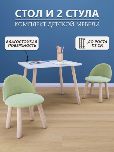 Изображение товара Детский стол (белый) и два мягких стула мятного цвета, комплект детской мебели