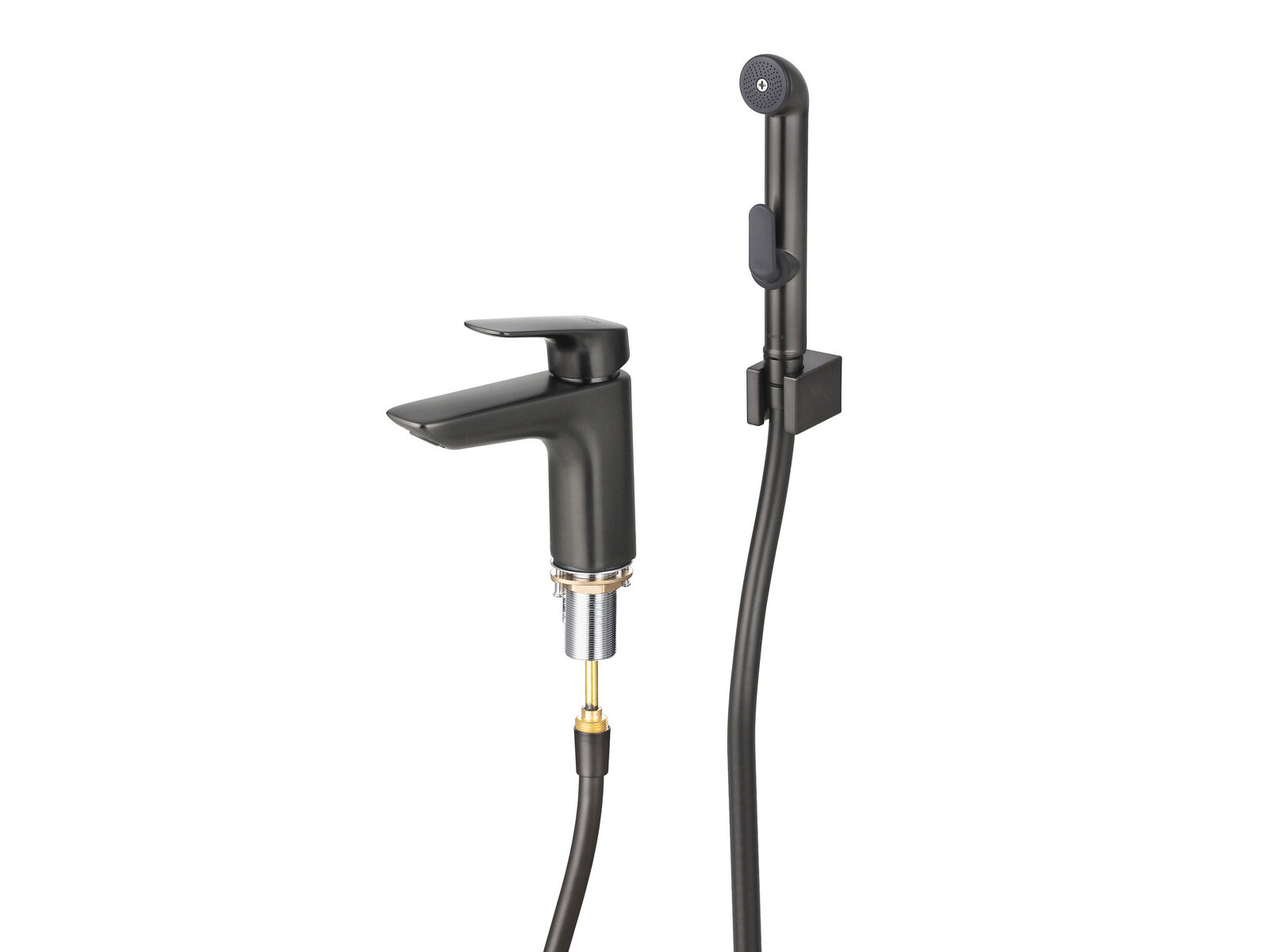 Смеситель для раковины 97 с гигиеническим ручным душем Aquatek AQ1012BGM вега, оружейная сталь