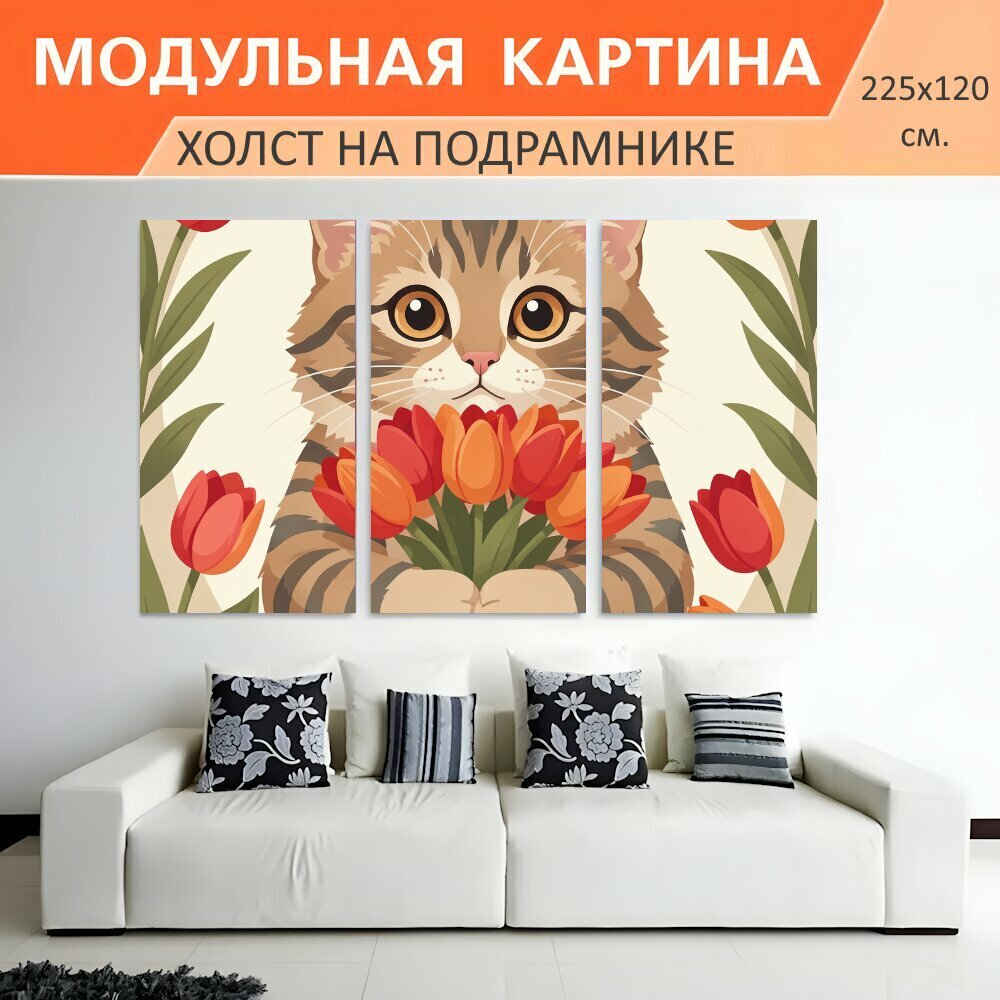 Модульная картина на холсте "Милый кот с тюльпанами. Очаровательный мультяшный котёнок с крупными глазами держит букет ярких весенних." триптих на подрамнике 225х120 см. для интерьера
