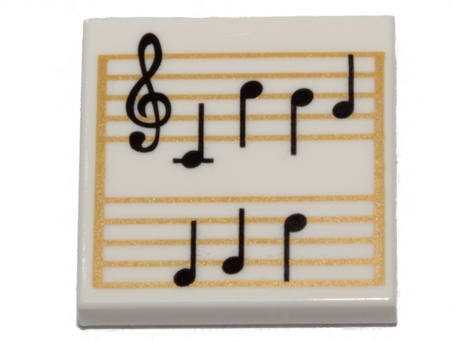 Деталь Lego 3068bpb1291 Tile 2 x 2 with Groove with Sheet Music, Black Treble Clef and Music Notes on Gold Staves Pattern