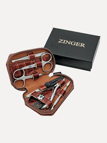 Изображение товара Маникюрный набор Zinger MS-7103, 6 предметов, медицинская сталь, натуральная кожа, серебристый/коричневый