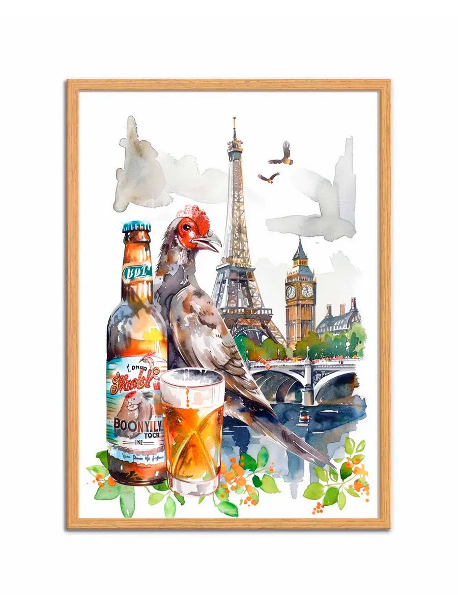 Серое фермерское животное франколин Пьет пиво 1, Плакат 30x
