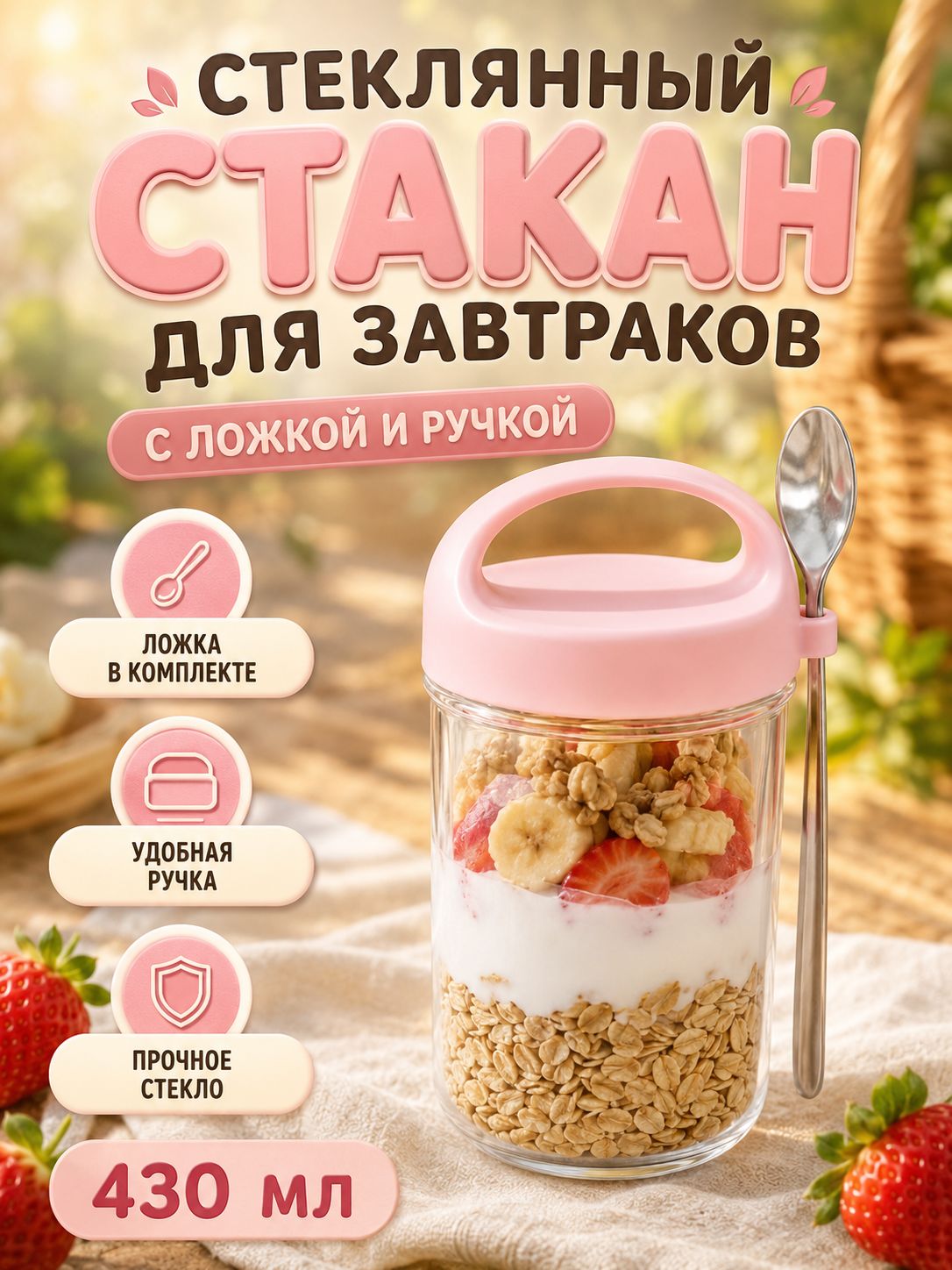 GIANXI Стакан с крышкой 430 мл светло-розовый, Артикул: 5553979303