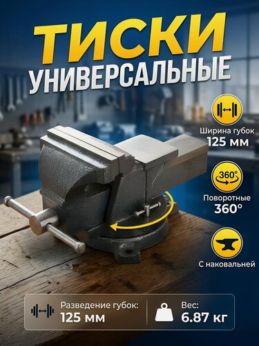 Изображение товара Тиски универсальные, 125 мм, поворотный с наковальней, Политех, 2549343