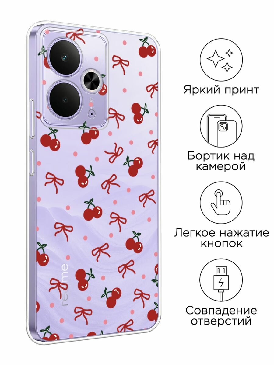 Чехол на Realme 14T / Реалми 14Т с принтом "Вишни и ленточки", прозрачный — фото 1