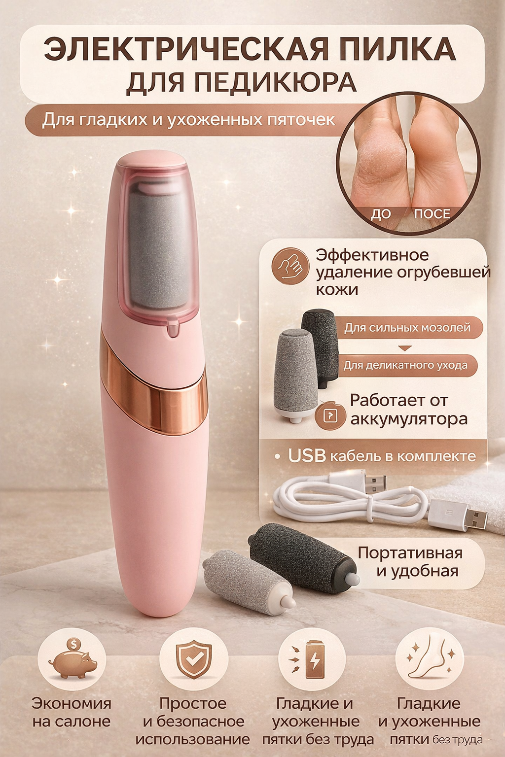 Электрическая пилка-пемза для ступней и пяток | Уход за кожей ног | Удаление натоптышей, мозолей и трещин | Компактная — фото 1