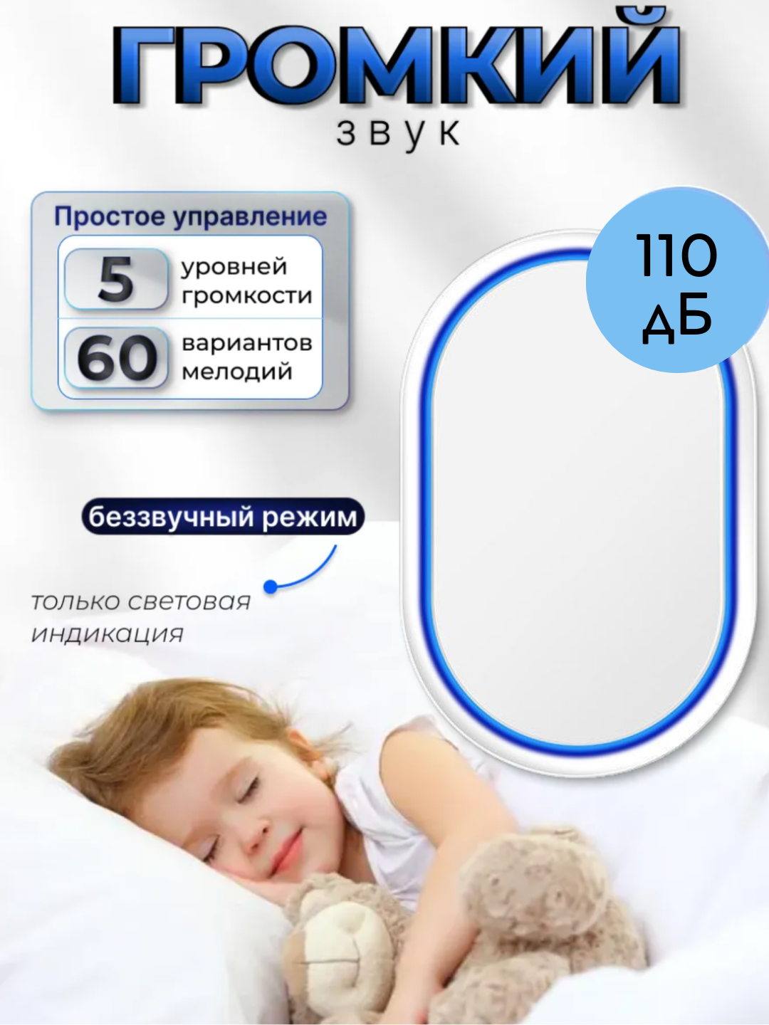 Беспроводной дверной звонок, влагозащищенный IP44, 60 мелодий