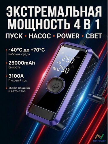 Изображение товара Аварийный мультитул 4 в 1 для автомобиля: пуск двигателя, компрессор, power bank и фонарь