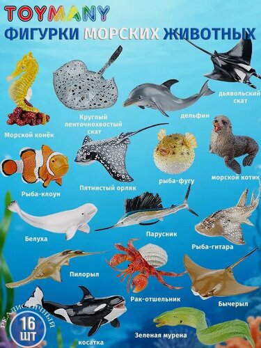 Изображение товара Фигурки "Морские животные" Toymany, 16 штук, PVC, BPA Free, ручная роспись, реалистичные