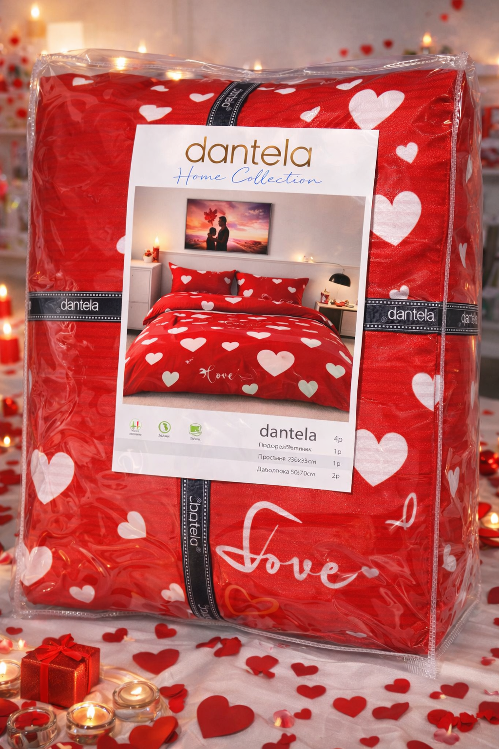 Постельное белье Dantela "Love Red", 2 наволочки, 1 пододеяльник, 1 простынь — фото 1