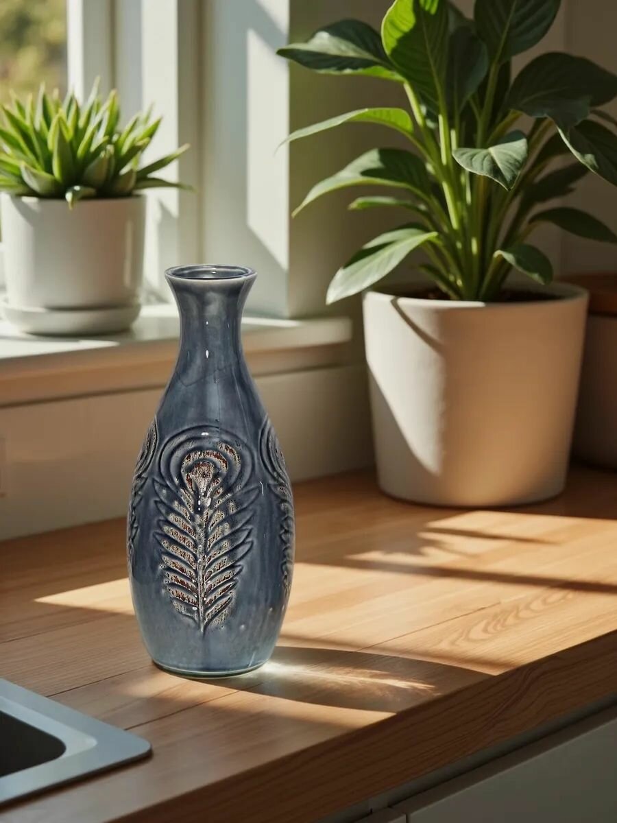 Ваза керамическая настольная, размер 10*10*22см, серо-голубой — фото 1