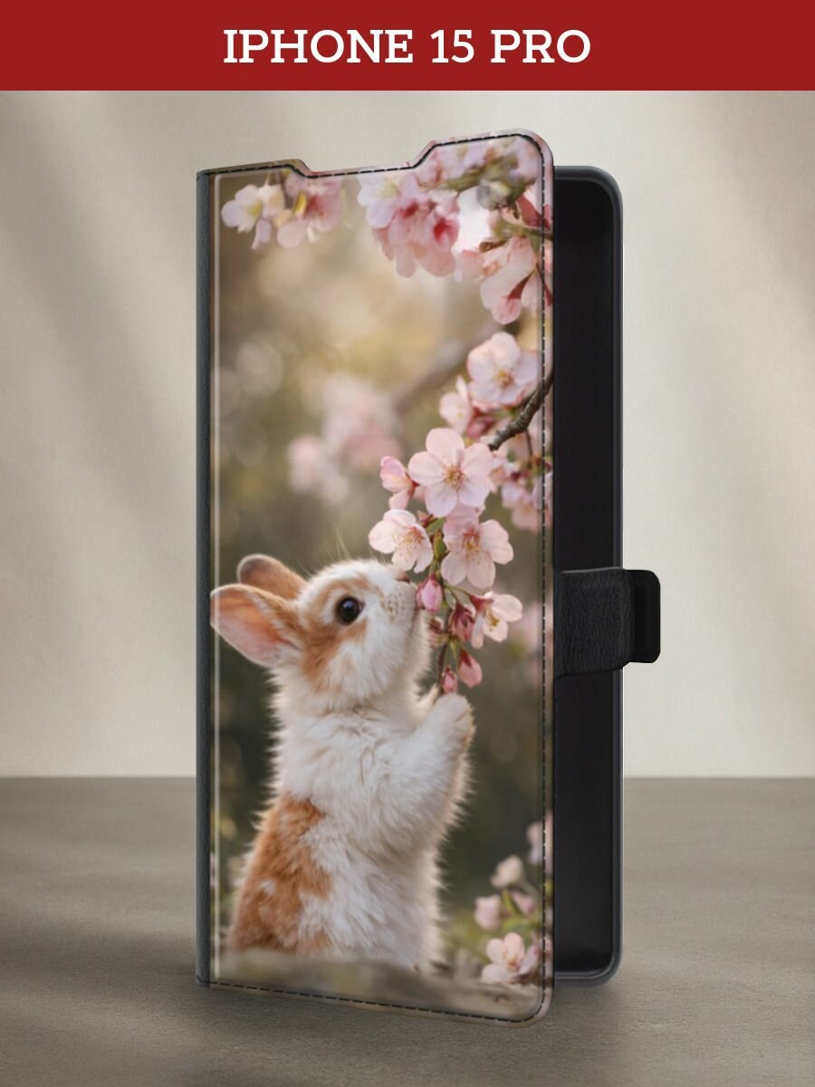 Чехол-книжка на Apple iPhone 15 Pro / Айфон 15 Про с принтом Зайчик с сакурой, черный