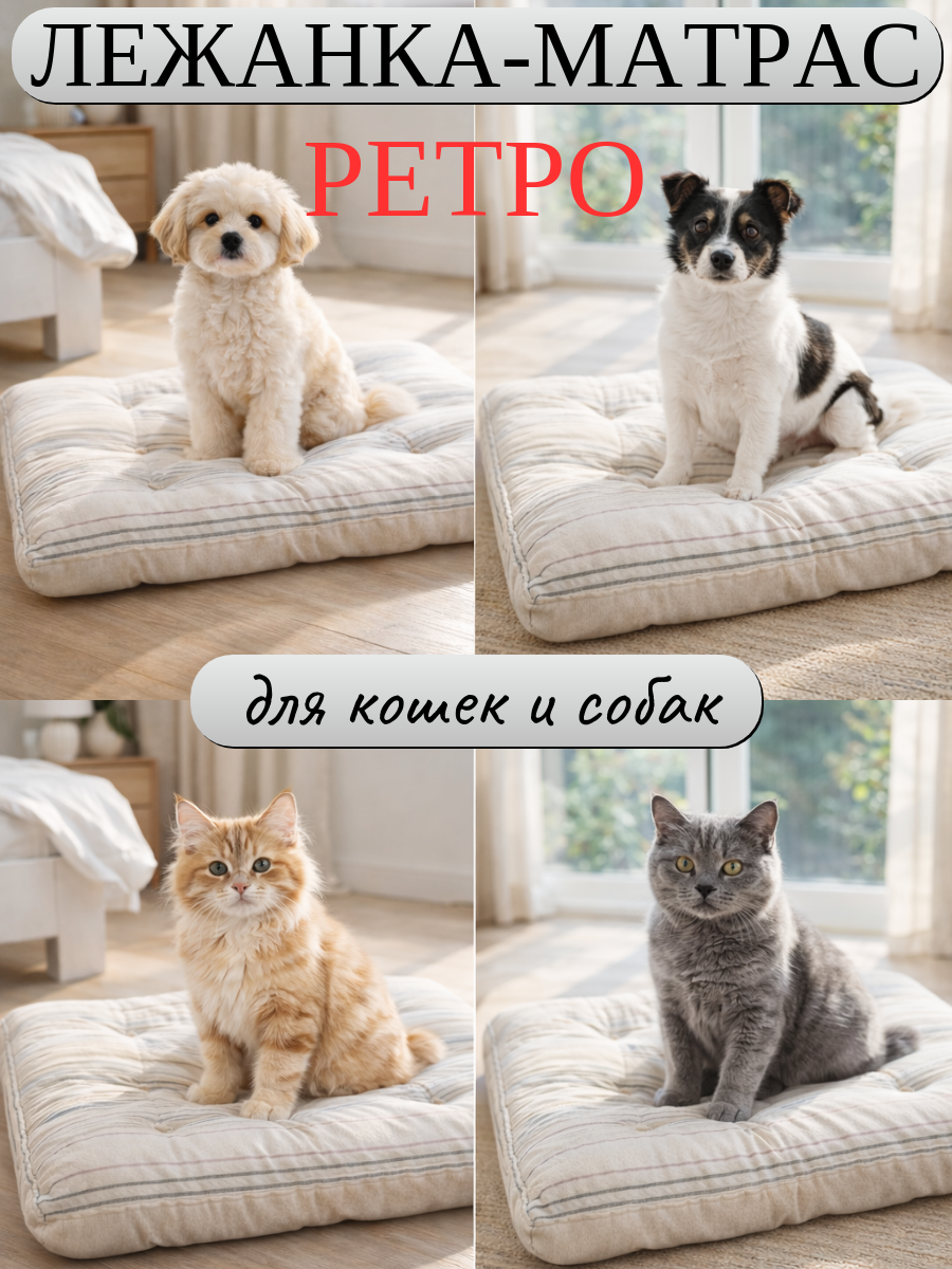 Лежанка матрас ретро СССР 50х40х7 см для домашних животных/собак, серая полоска, арт. MR_M/grey340