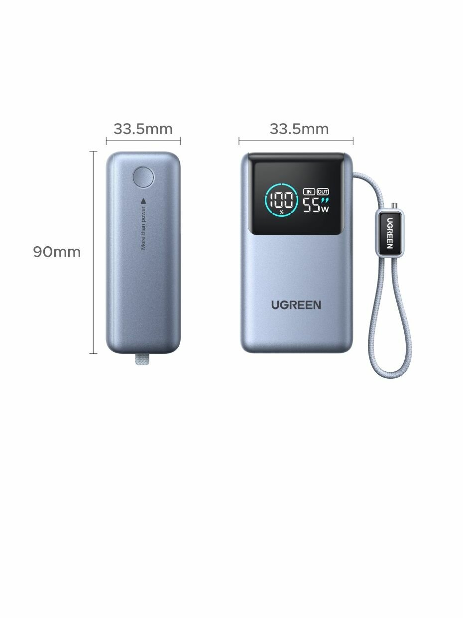 Аккумулятор внешний UGREEN PB727, встроенный кабель USB-C, 10000 мА·ч, мощность 55Вт, серый космос — фото 1