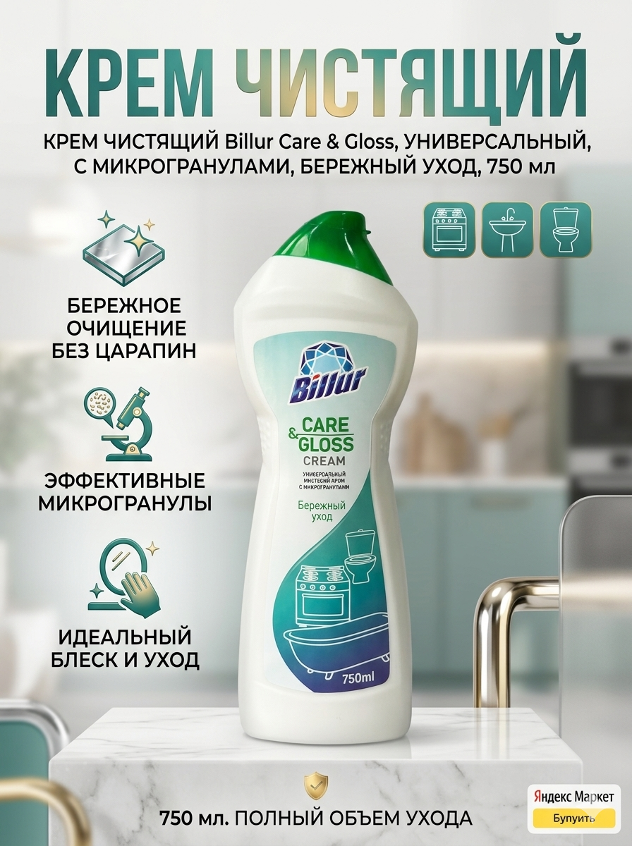 Чистящий крем Billur, Care&Gloss, 750мл, удаляет грязь, бережный, блеск