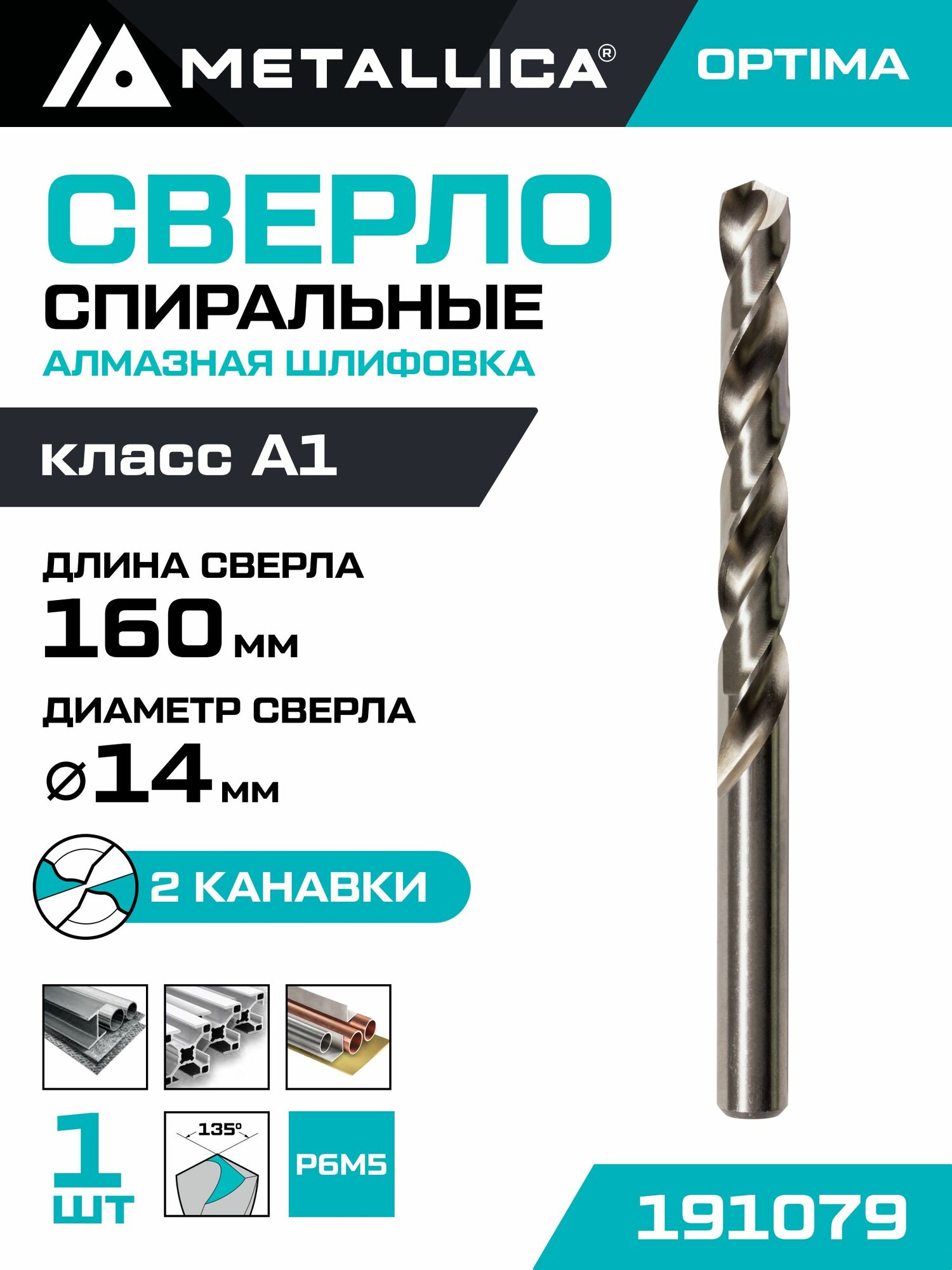 Сверло по металлу шлифованное METALLICA Optima 14,0х160/108 мм, Р6М5-FG, 1 шт
