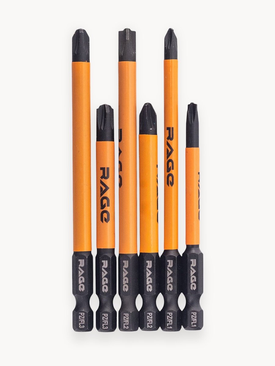 Биты для электриков магнитные S2 PZ/FL1 PZ/FL2 PZ/FL3 75 мм и 100 м 6 шт RAGE