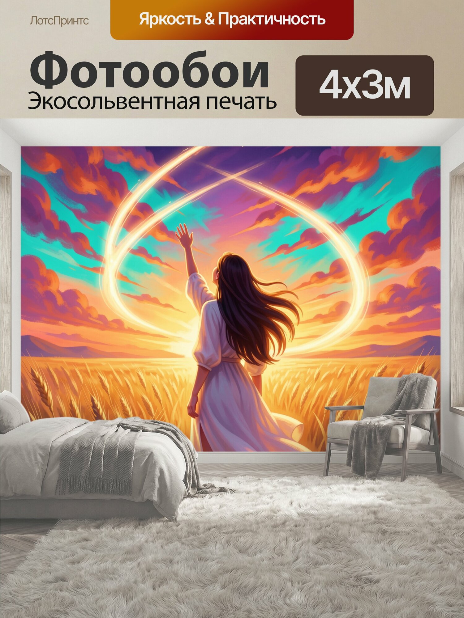 Фотообои "Девушка в поле под самолетом. Фантазийная сцена: юная фигура в белом платье стоит среди золотых колосьев, тянется к небу и к." 400x300 см. экосольвентная печать