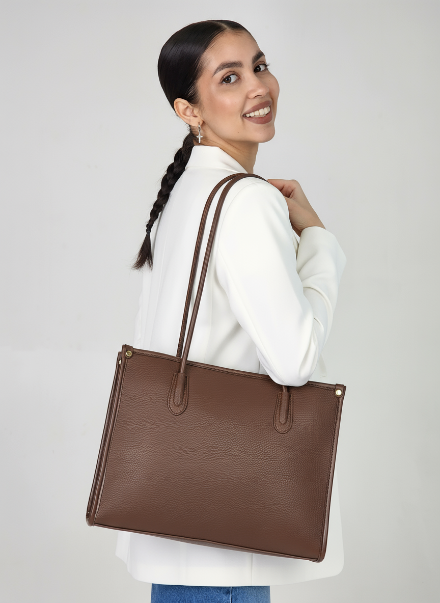 Сумка тоут Evangelina May, фактура рельефная, зернистая, матовая, коричневый — фото 1