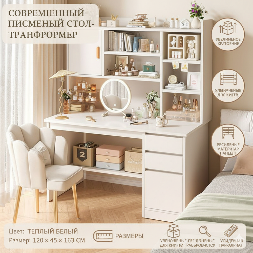 Письменный и компьютерный стол удобный, с ящиком и шкафчиком — фото 1