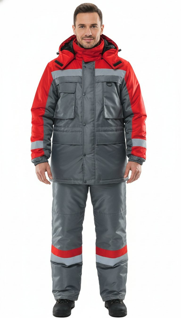 Рабочий костюм мужской утеплённый оксфорд серо-красный куртка и брюки