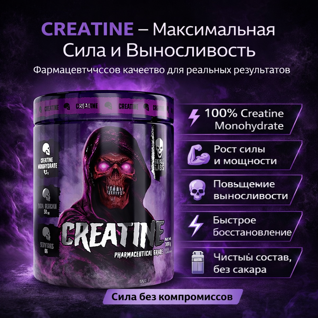 Креатин Skull Labs Creatine, для наращивания мышечной массы, 300 грамм