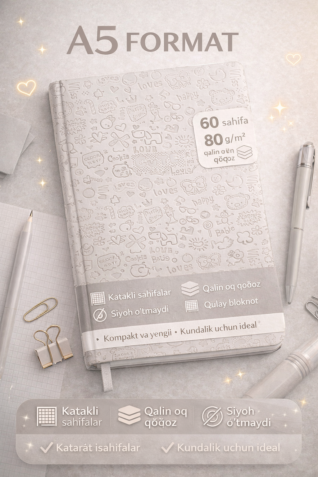 Блокнот A5 в клетку, с плотной белой бумагой, 80 г/м², 60 страниц, удобный для ежедневных записей