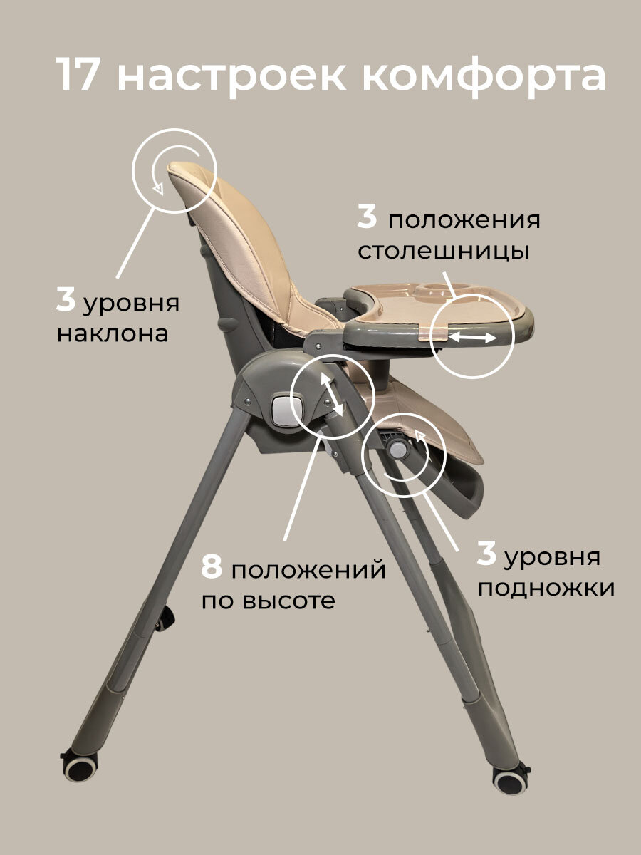 Стульчик для кормления ребенка Bella Baby складной бежевый на колесах с чехлом из экокожи — фото 1