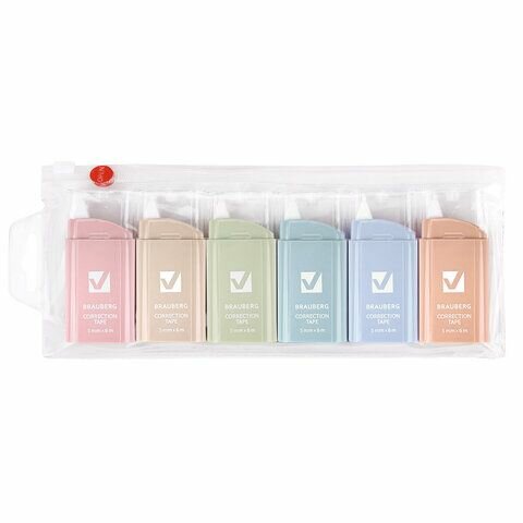 Корректирующая лента BRAUBERG COMPACT PASTEL, 5 мм х 6 м, комплект 6 штук, пенал с zip-lock, 272496