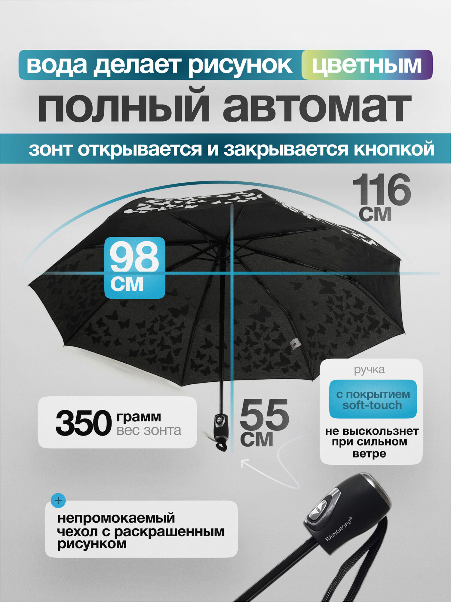 Зонт RAINDROPS, черный/белый/красный — фото 1