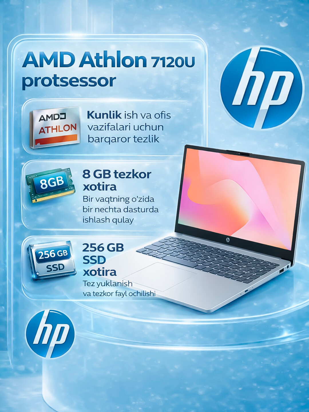 Ноутбук HP 15-FC0171NIA — 8 ГБ / 256 ГБ, 15,6" Full HD, AMD Athlon™ Silver R5 7120U