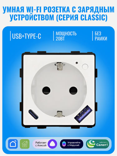 Изображение товара Умная Wi-Fi розетка с зарядным устройством USB и Type-C Smart Aura серия Classic без рамки