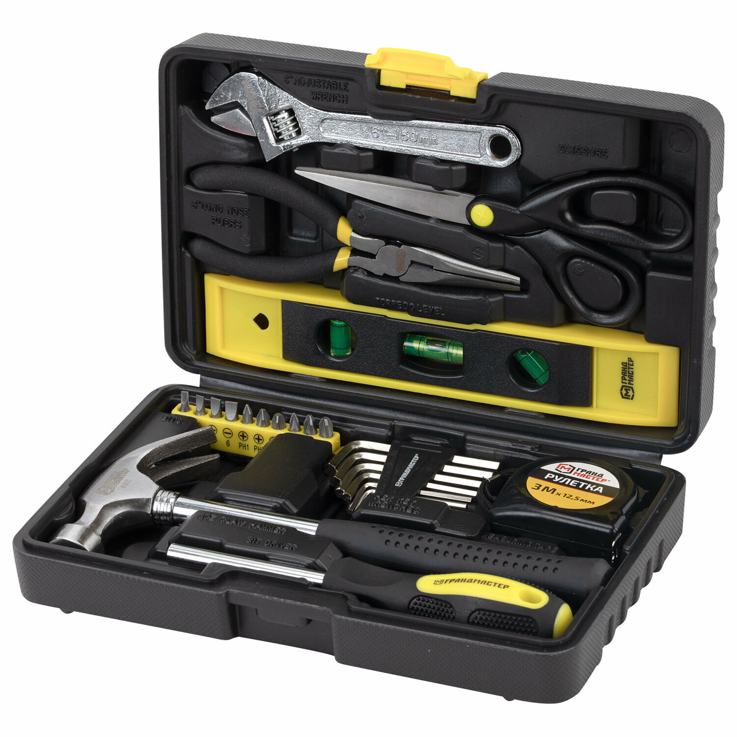 Набор инструментов грандмастер столярно-слесарный, 25 предметов, пластиковый кейс, Грандмастер