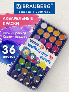Изображение товара Краски акварельные для рисования сухие Brauberg Premium 36 цветов, круглые кюветы 23 мм, 191746