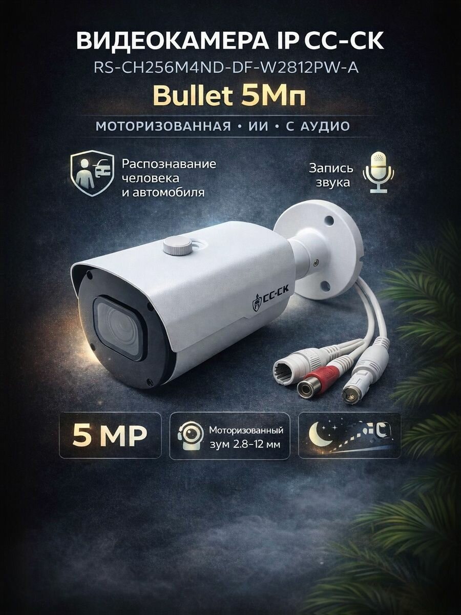Видеокамера IP СС-СК RS-CH256M4ND-DF-W2812PW-A, Bullet 5Мп, моторизованная, ИИ, с аудио