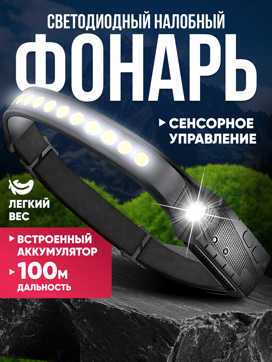 Светодиодный налобный аккумуляторный фонарь YT-1875 / мощный туристический фонарик, дальность свечения 100м, USB зарядка